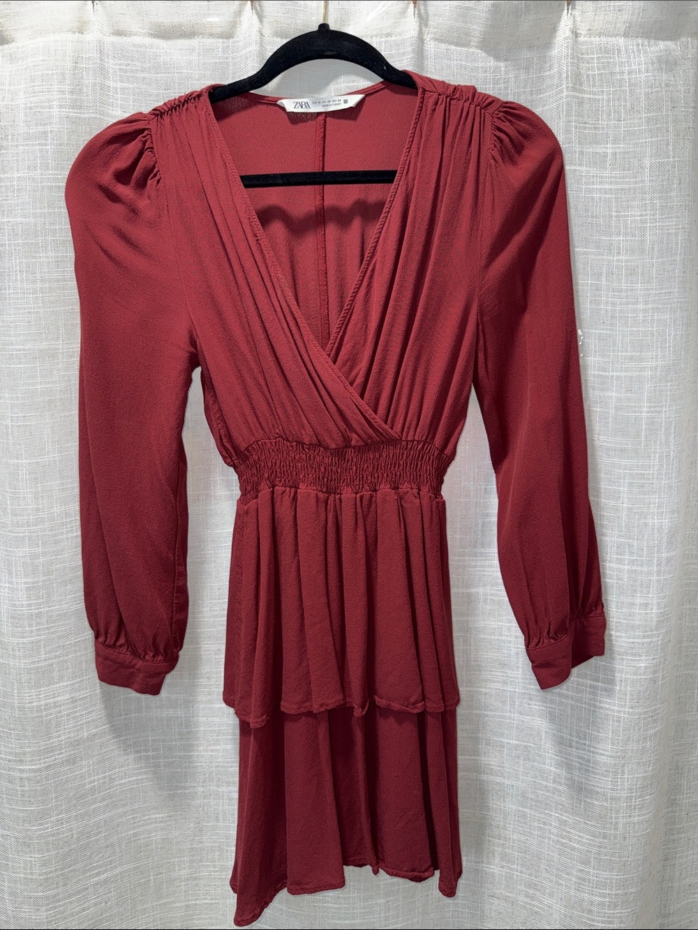 Zara Burgandy Long-Sleeve Wrap Dress with Smocked Waist